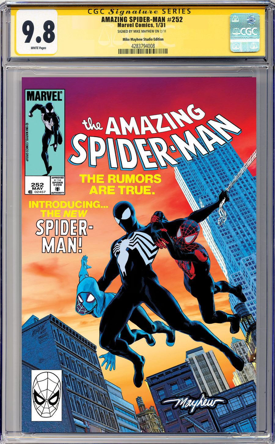 AMAZING SPIDER-MAN #252 FACSIMILE EDITION Mike Mayhew Studio Variant Cover A Trade Dress Glow Sig CGC Yellow Label 9.6 and Above Graded Slab