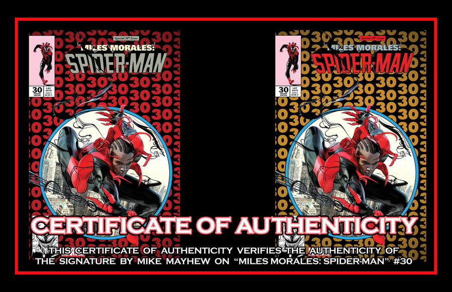 MILES MORALES SPIDER-MAN #30 MIKE MAYHEW STUDIO VARIANT SET OF COVER A TRADE DRESS AND COVER B TRADE DRESS WITH FULL NAME DUO-TONE SIGNATURE SIGNED WITH COA