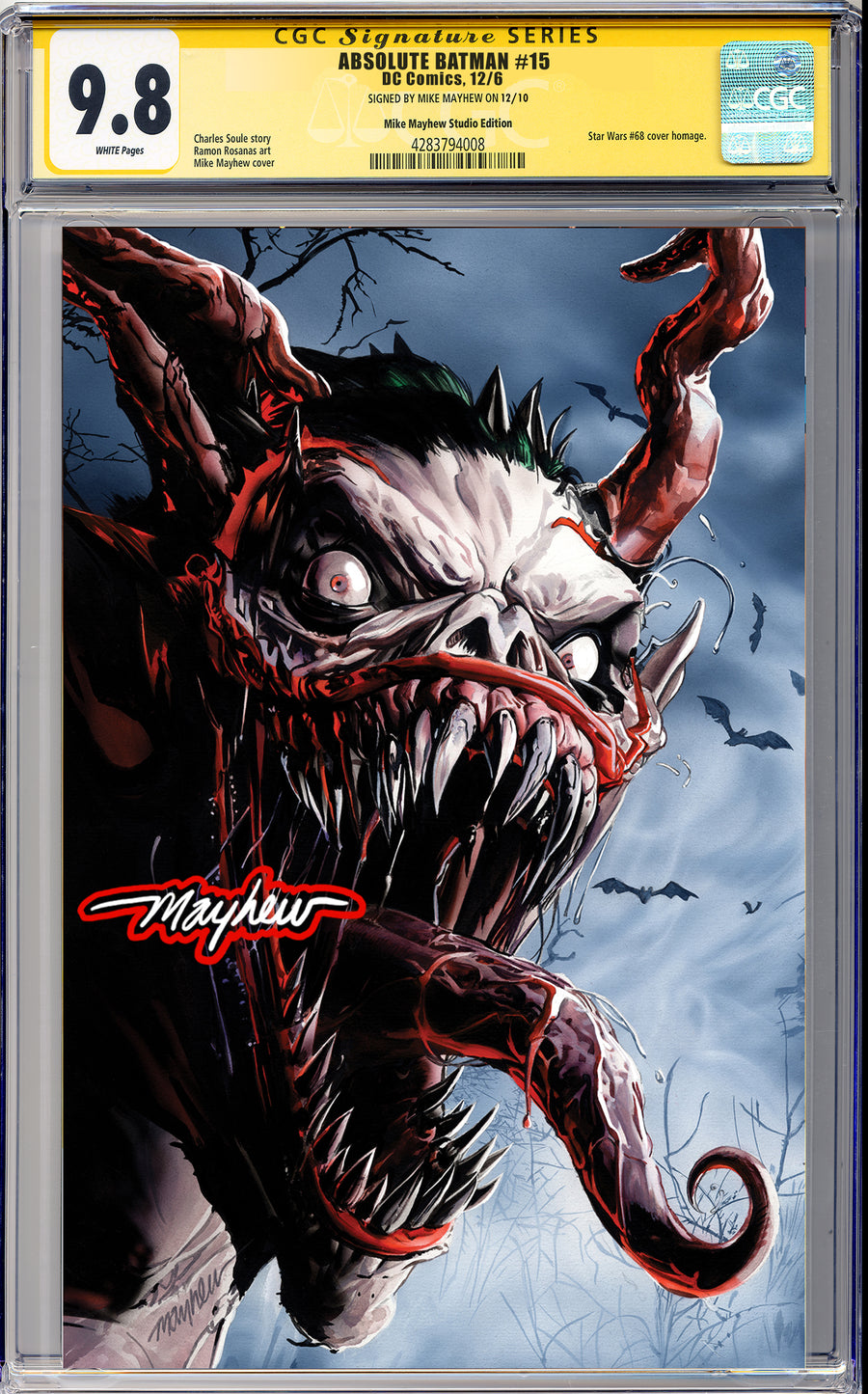 ABSOLUTE BATMAN #15 Mike Mayhew Studio Variant Cover B Virgin GLOW SIG CGC Yellow Label Guaranteed 9.8 Graded Slab