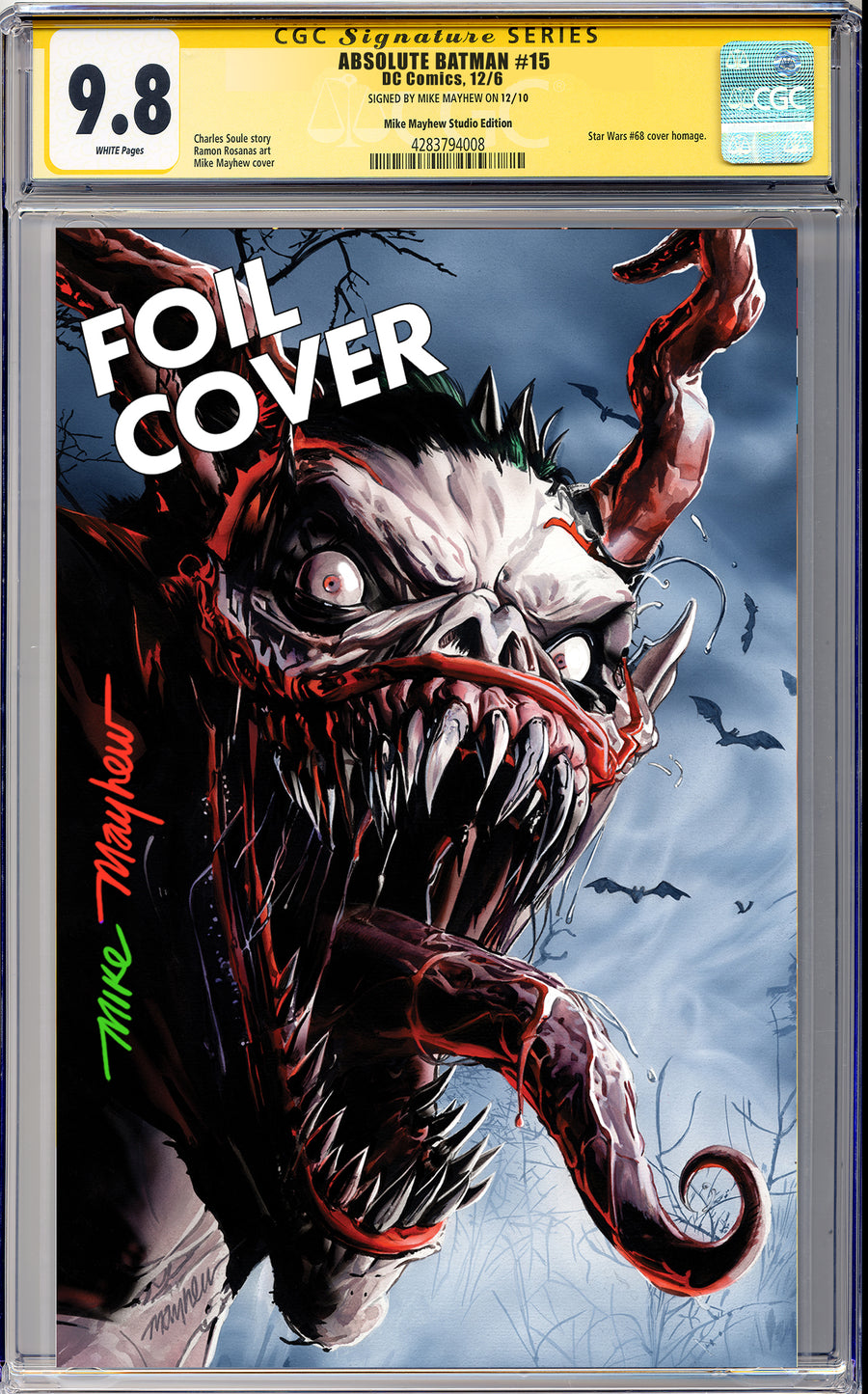 ABSOLUTE BATMAN #15 Mike Mayhew Studio Variant Cover C Blue Foil FULL DUO SIG CGC Yellow Label Guaranteed 9.8 Graded Slab