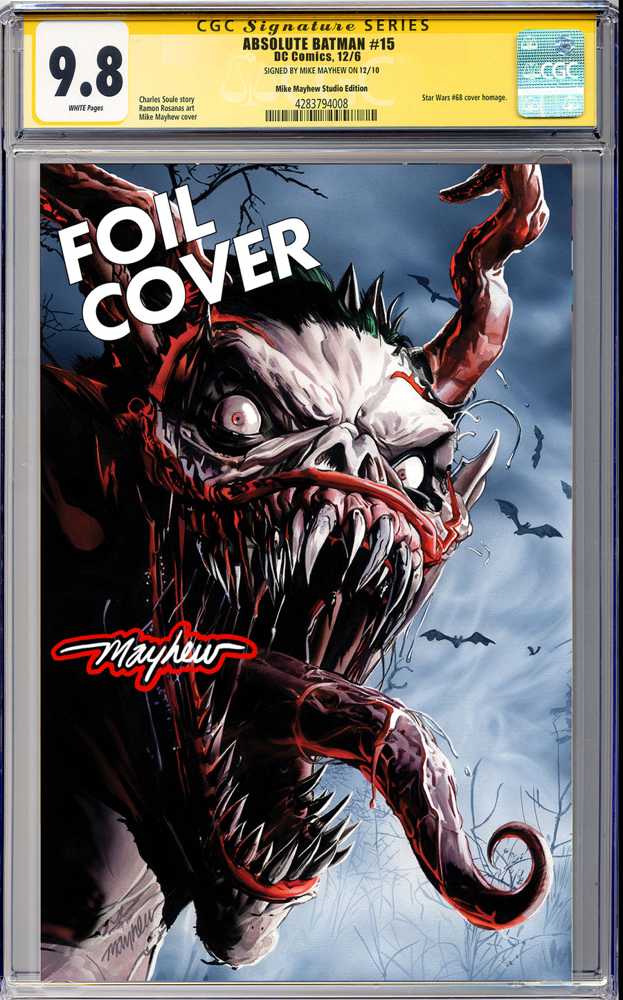ABSOLUTE BATMAN #15 Mike Mayhew Studio Variant Cover C Blue Foil GLOW SIG CGC Yellow Label Guaranteed 9.8 Graded Slab