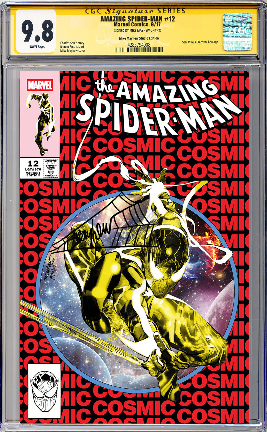 AMAZING SPIDER-MAN #12 Mike Mayhew Studio Variant Cover A Trade Dress BLACK THWIP SIG CGC 9.8 SIGNATURE SERIES SLAB