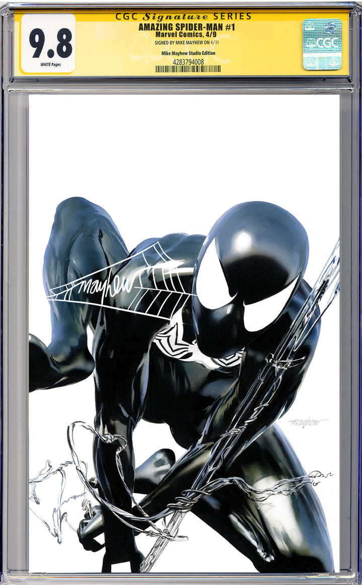 AMAZING SPIDER-MAN #1 (2025) Mike Mayhew Studio Variant Cover C Black Suit Variant WHITE THWIP SIG CGC 9.8 SIGNATURE SERIES SLAB