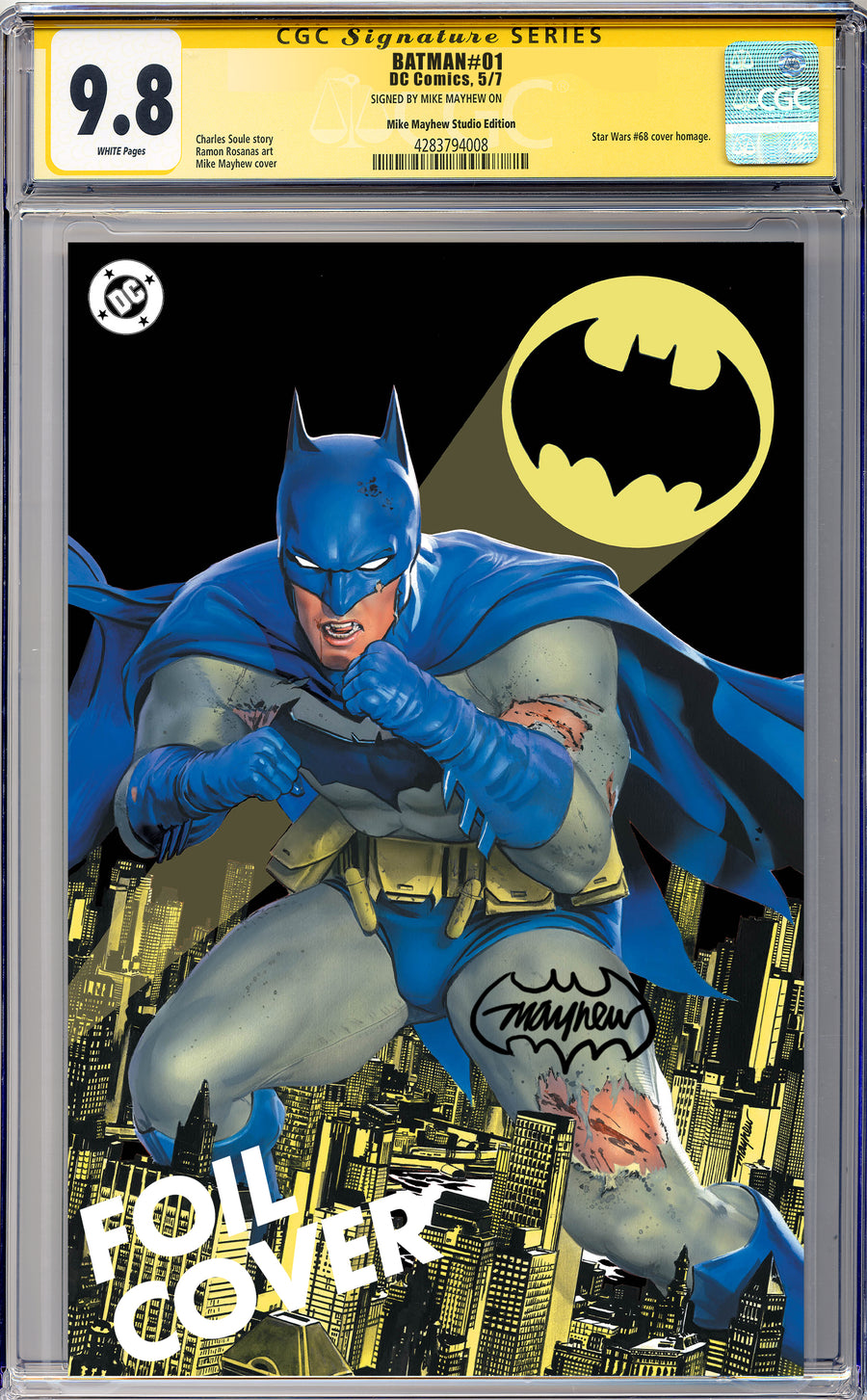 BATMAN #1 Mike Mayhew Studio Variant Cover C Foil Bat Sig CGC Yellow Label Guaranteed 9.8 Graded Slab
