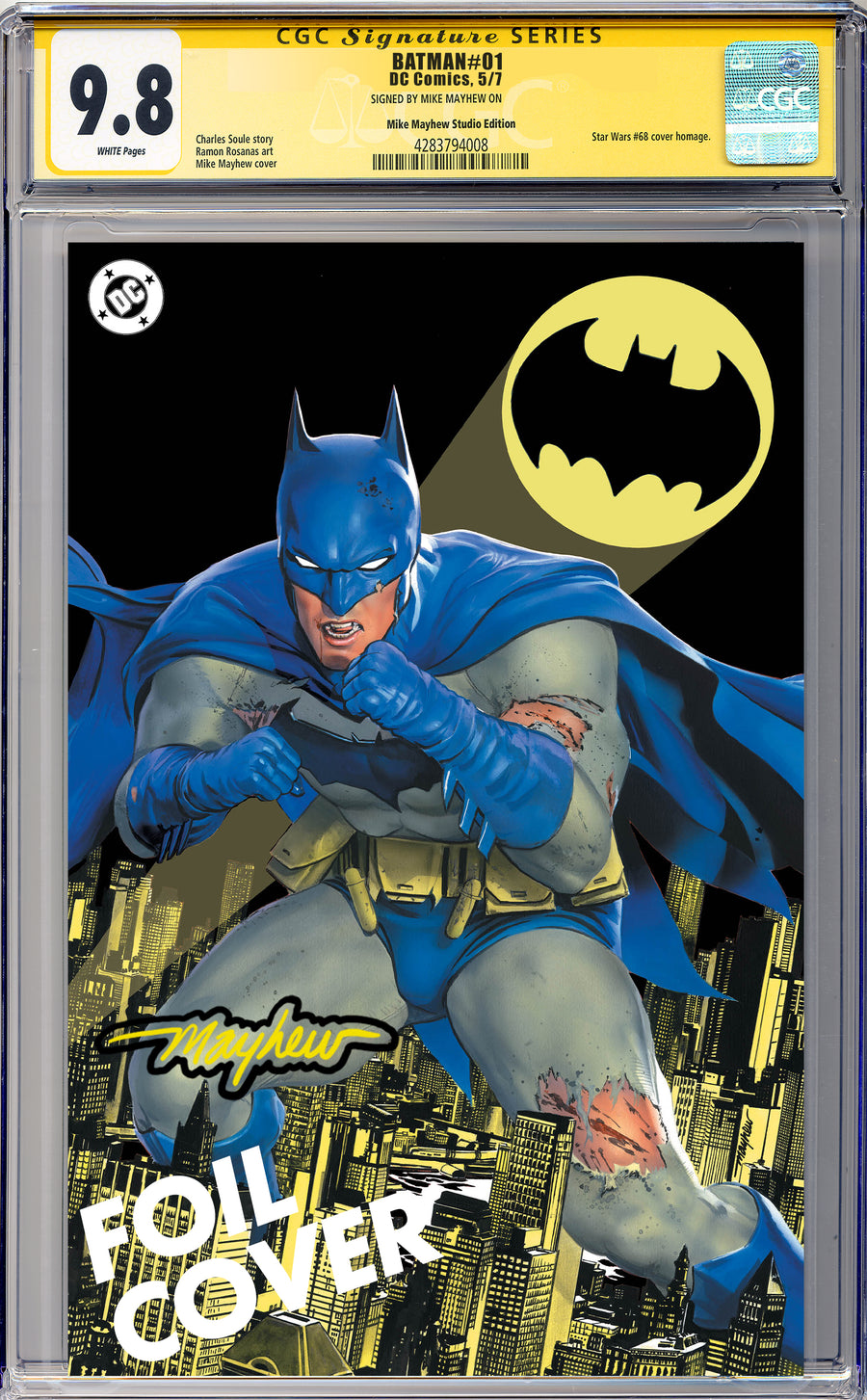 BATMAN #1 Mike Mayhew Studio Variant Cover C Foil Glow Sig CGC Yellow Label Guaranteed 9.8 Graded Slab