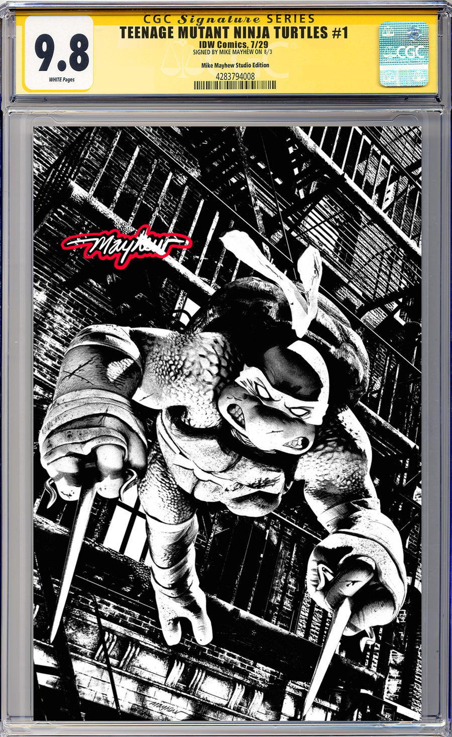 TEENAGE MUTANT NINJA TURTLES #1 Mike Mayhew Studio Variant Cover C B&W Variant Glow Sig CGC Yellow Label Guaranteed 9.8 Graded Slab
