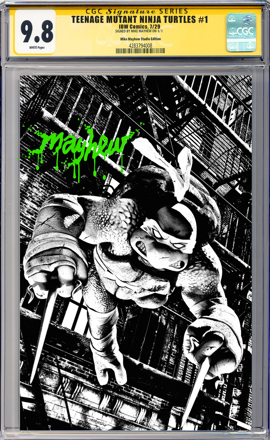 TEENAGE MUTANT NINJA TURTLES #1 Mike Mayhew Studio Variant Cover C B&W Variant Green Massacre Sig CGC Yellow Label Guaranteed 9.8 Graded Slab