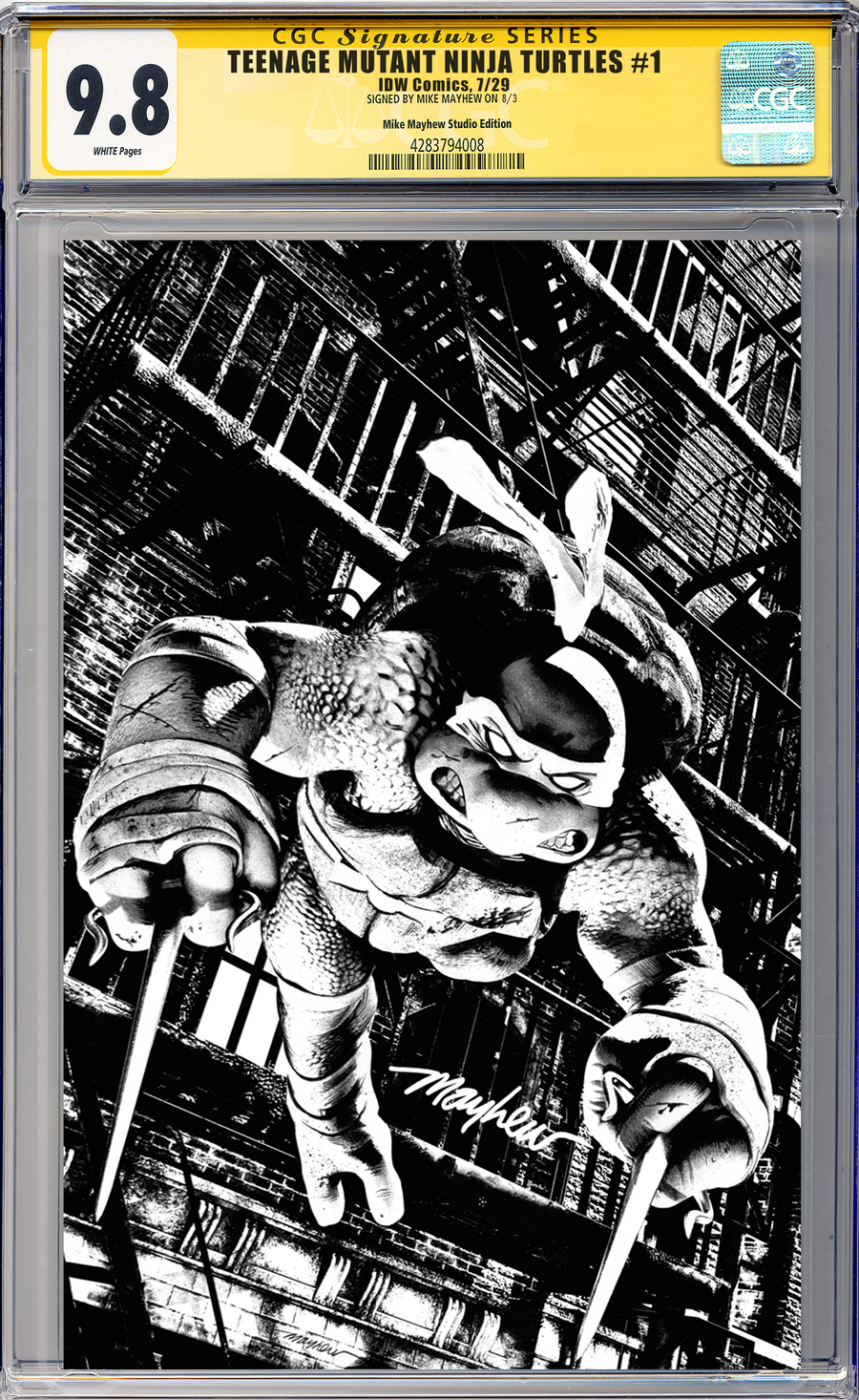 TEENAGE MUTANT NINJA TURTLES #1 Mike Mayhew Studio Variant Cover C B&W Variant Regular Sig CGC Yellow Label Guaranteed 9.8 Graded Slab