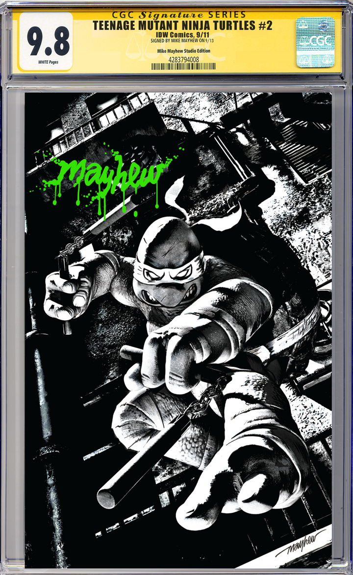 TEENAGE MUTANT NINJA TURTLES #2 Mike Mayhew Studio Variant Cover C B&W Variant Green Massacre Sig CGC Yellow Label Guaranteed 9.8 Graded Slab