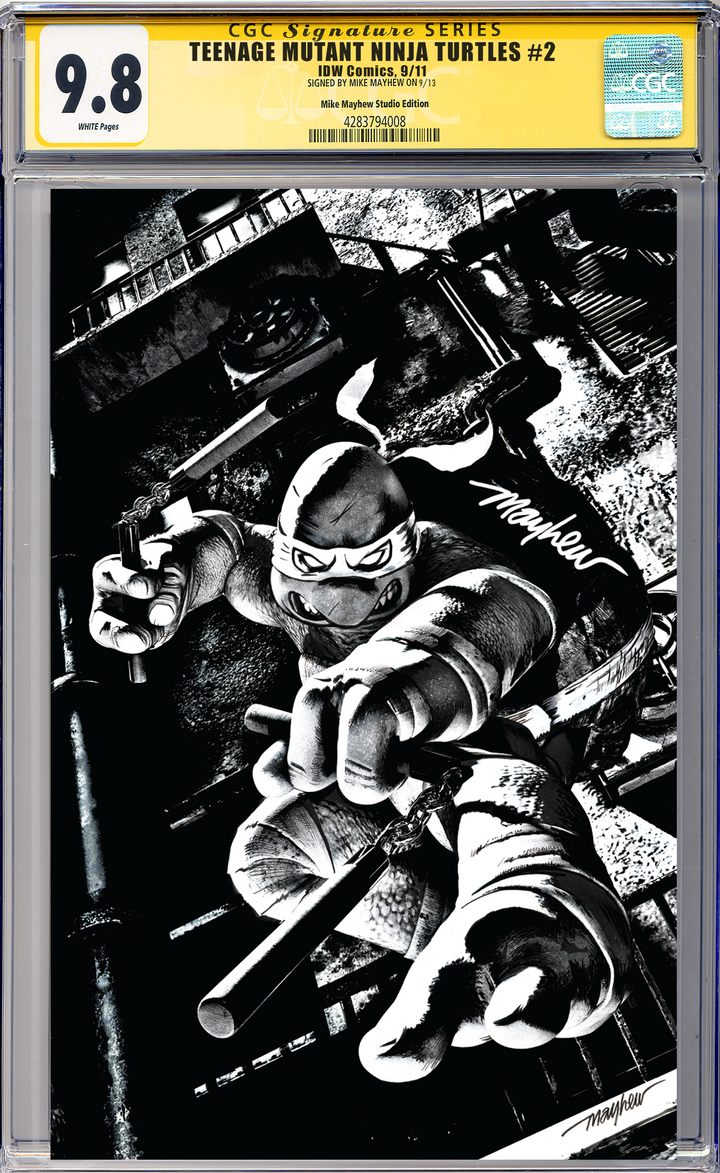 TEENAGE MUTANT NINJA TURTLES #2 Mike Mayhew Studio Variant Cover C B&W Variant Regular Sig CGC Yellow Label Guaranteed 9.8 Graded Slab