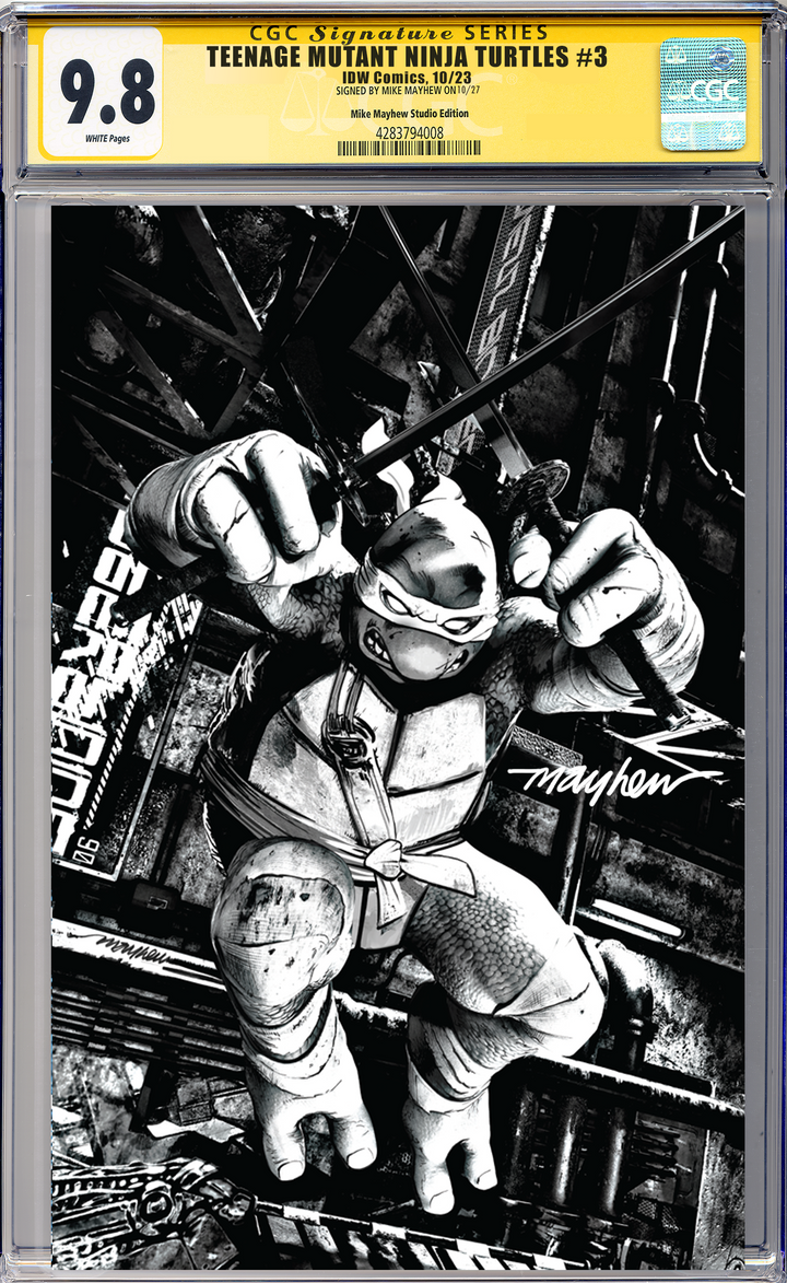 TEENAGE MUTANT NINJA TURTLES #3 Mike Mayhew Studio Variant Cover C B&W Variant Regular Sig CGC Yellow Label Guaranteed 9.8 Graded Slab