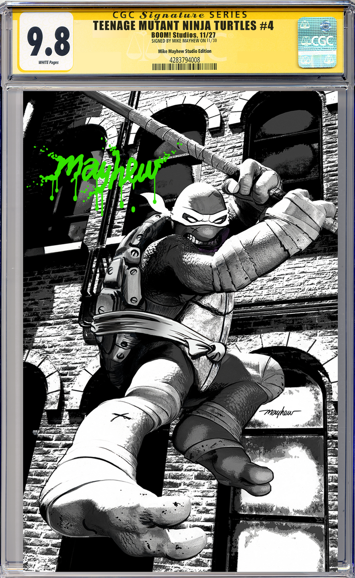 TEENAGE MUTANT NINJA TURTLES #4 Mike Mayhew Studio Variant Cover C B&W Variant Green Massacre Sig CGC Yellow Label Guaranteed 9.8 Graded Slab