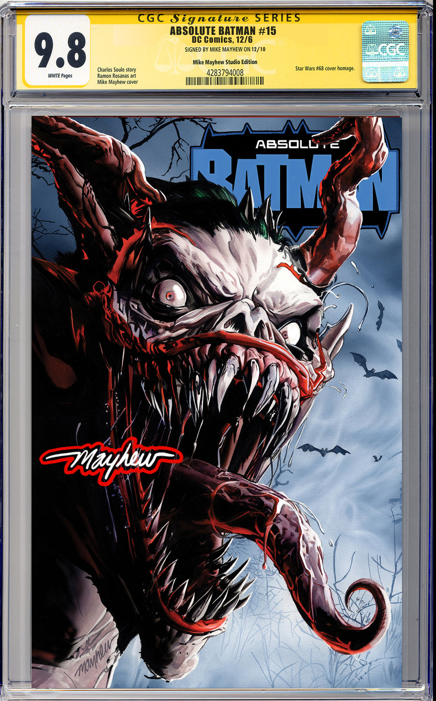 ABSOLUTE BATMAN #15 Mike Mayhew Studio Variant Cover A Trade Dress GLOW SIG CGC Yellow Label Guaranteed 9.8 Graded Slab