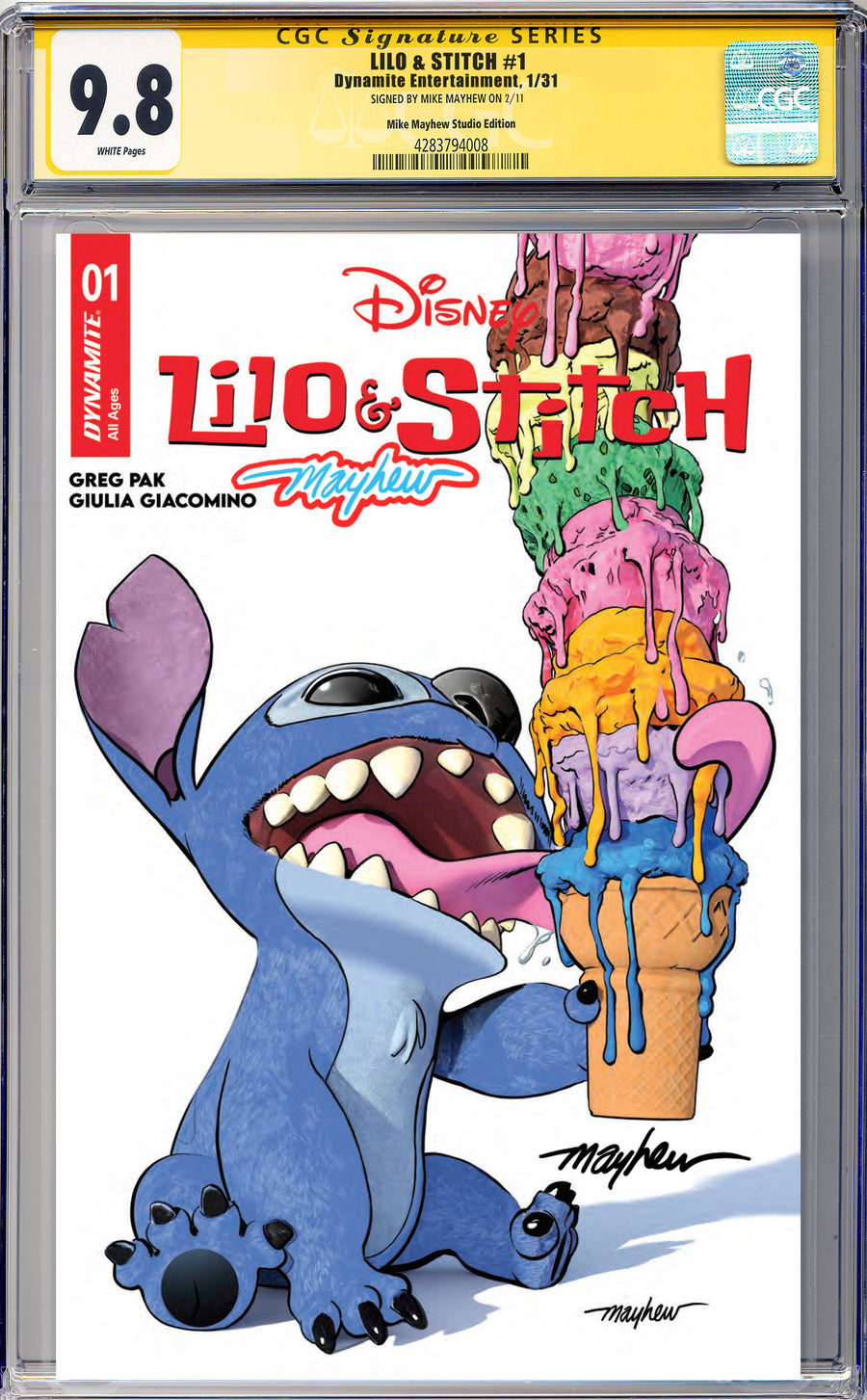 LILO & STITCH #1 Mike Mayhew Studio Variant Cover A Trade Dress Glow Sig CGC Yellow Label Guaranteed 9.8 Graded Slab