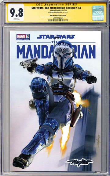 STAR WARS: THE MANDALORIAN SEASON 2 #3 Mike Mayhew Studio Variant Cover A Trade Dress Darksaber Glow Sig CGC Yellow Label 9.6 and Above Graded Slab