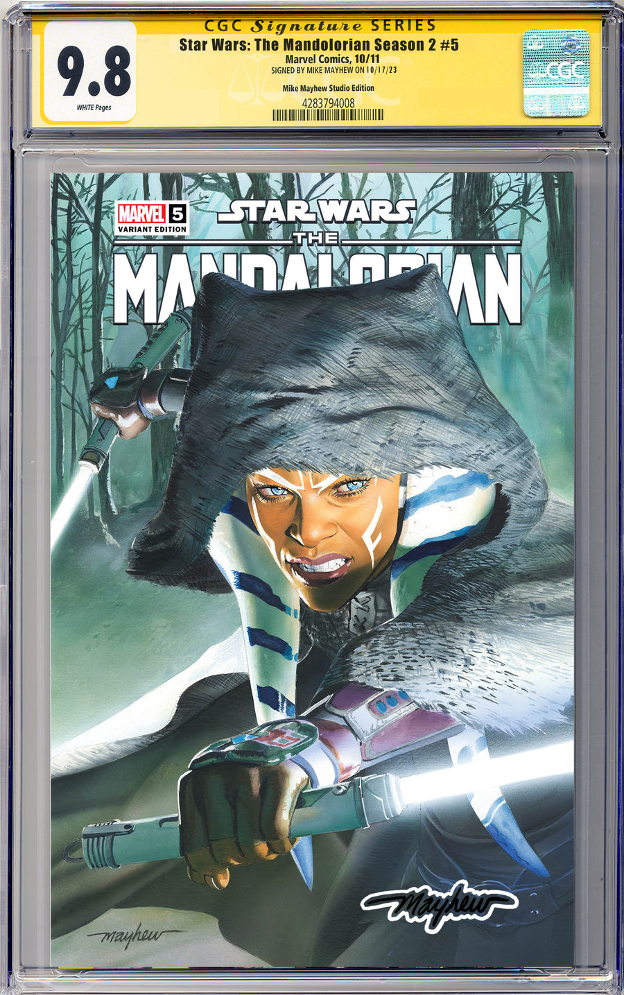 STAR WARS: THE MANDALORIAN SEASON 2 #5 Mike Mayhew Studio Variant Cover A Trade Dress Darksaber Glow Sig CGC Yellow Label 9.6 and Above Graded Slab