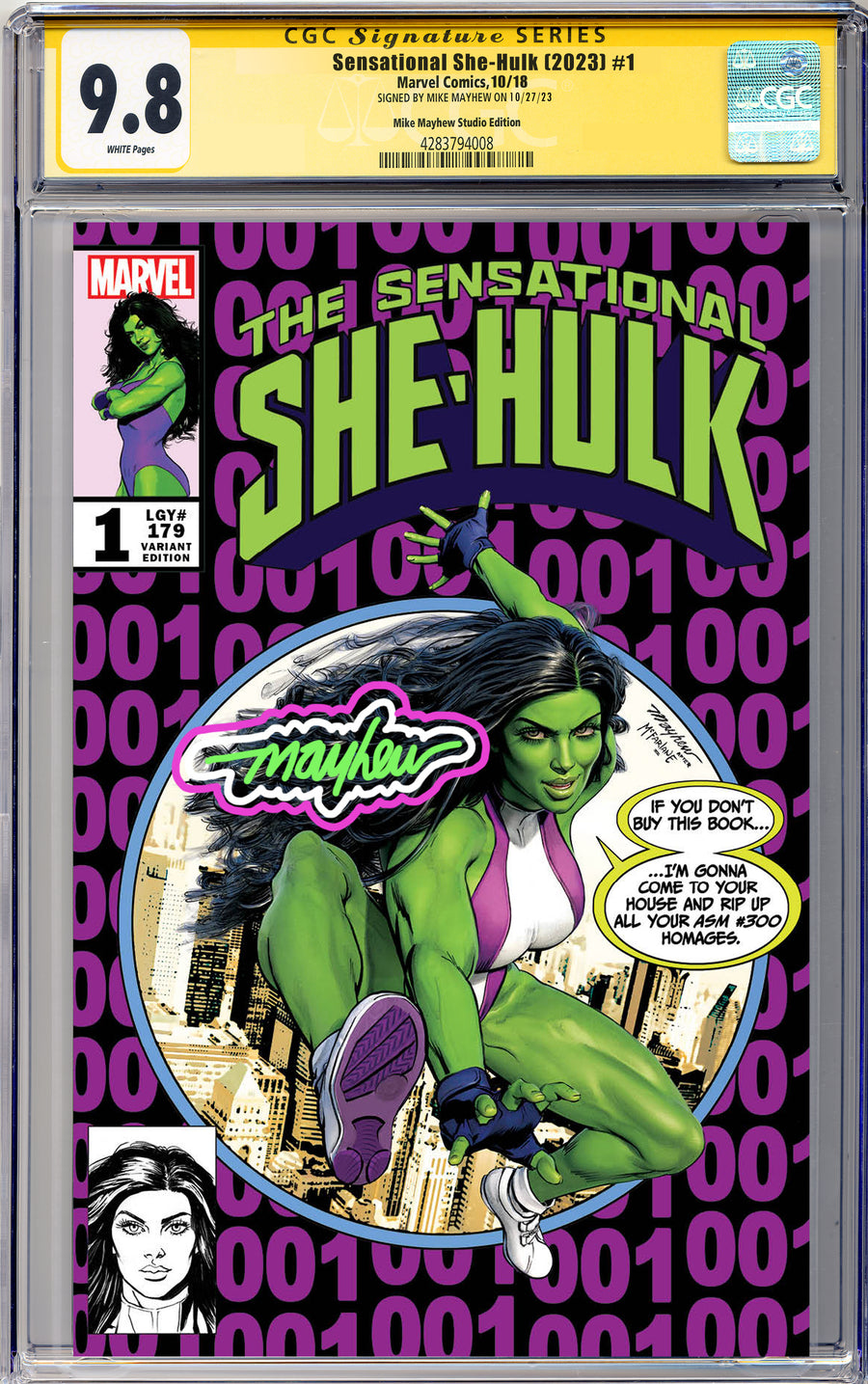 THE SENSATIONAL SHE-HULK #1 Mike Mayhew Studio Variant Cover A Trade Dress She-Hulk Glow Sig CGC Yellow Label 9.6 and Above Graded Slab
