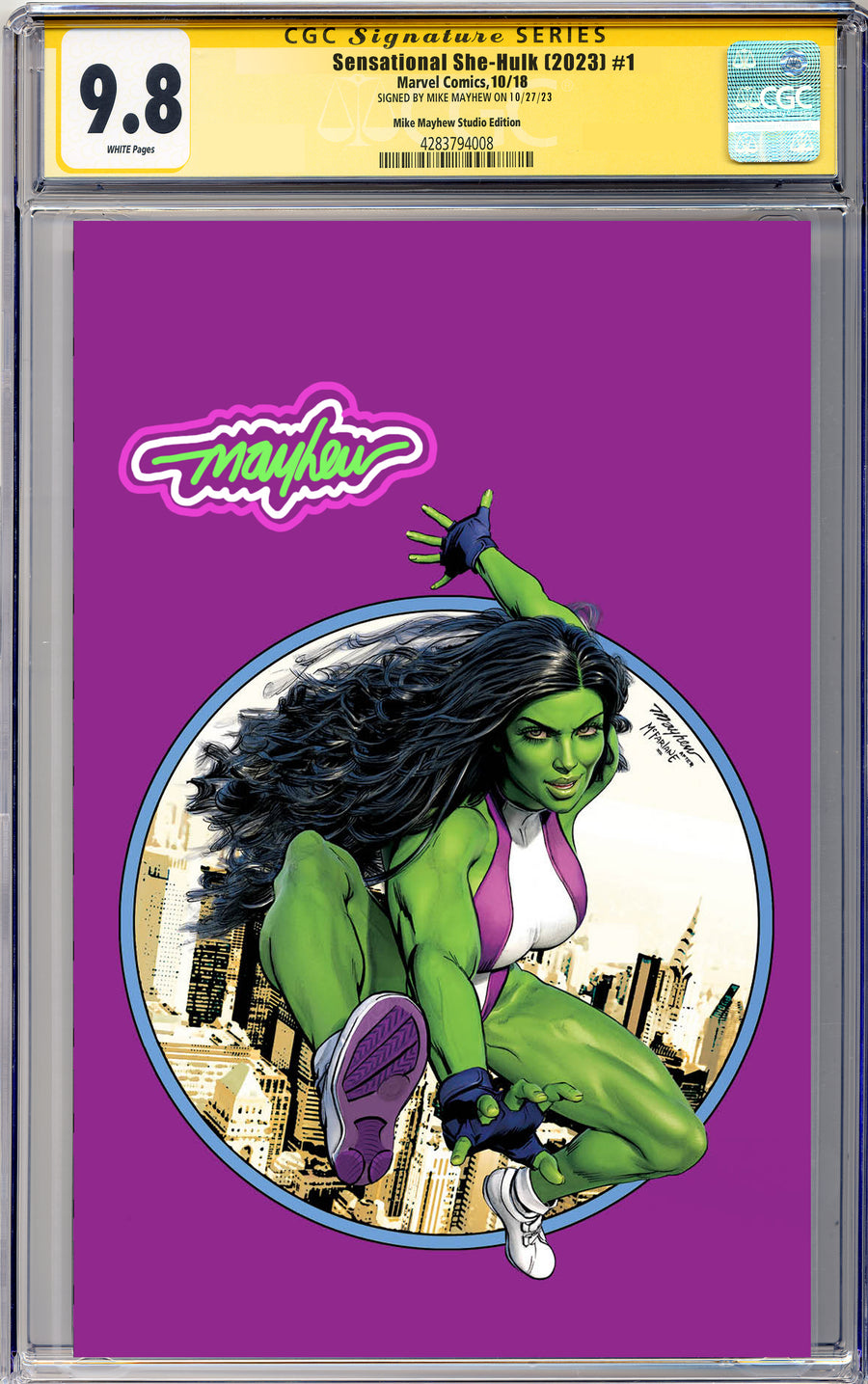 THE SENSATIONAL SHE-HULK #1 Mike Mayhew Studio Variant Cover B Virgin She-Hulk Glow Sig CGC Yellow Label 9.6 and Above Graded Slab