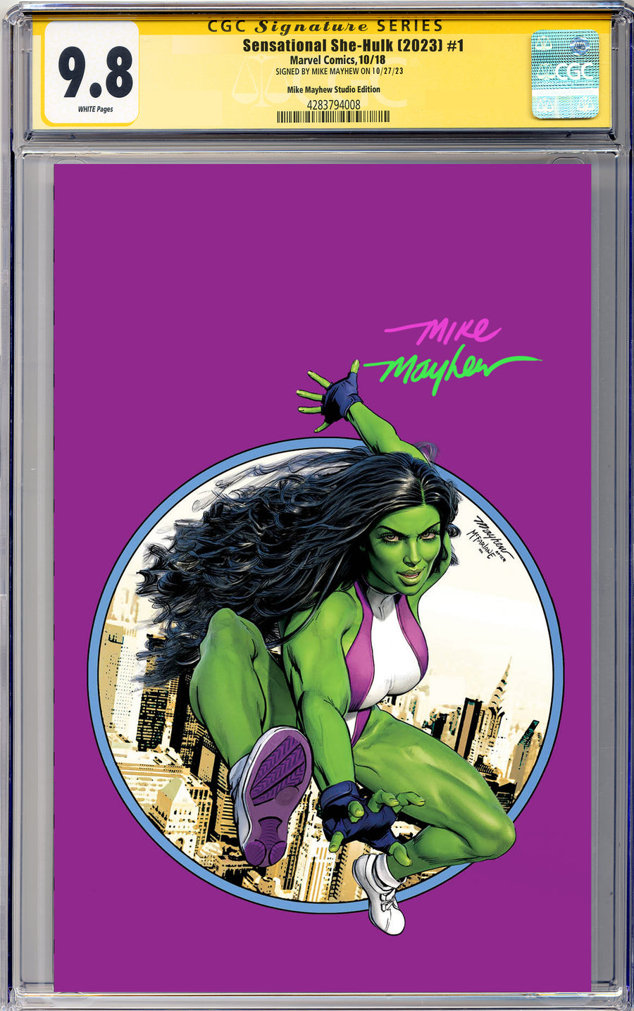 THE SENSATIONAL SHE-HULK #1 Mike Mayhew Studio Variant Cover B Virgin Full Duo Sig CGC Yellow Label 9.6 and Above Graded Slab
