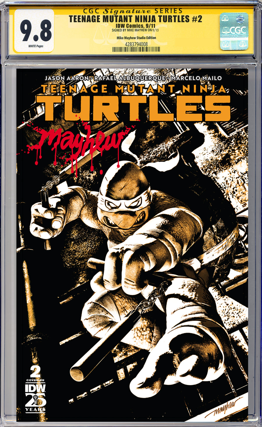 TEENAGE MUTANT NINJA TURTLES #2 Mike Mayhew Studio Variant Cover A Trade Dress Massacre Sig CGC Yellow Label Guaranteed 9.8 Graded Slab