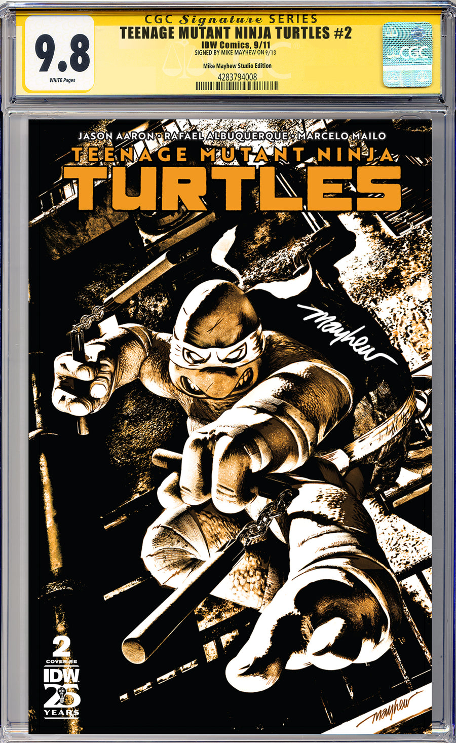 TEENAGE MUTANT NINJA TURTLES #2 Mike Mayhew Studio Variant Cover A Trade Dress Regular Sig CGC Yellow Label Guaranteed 9.8 Graded Slab
