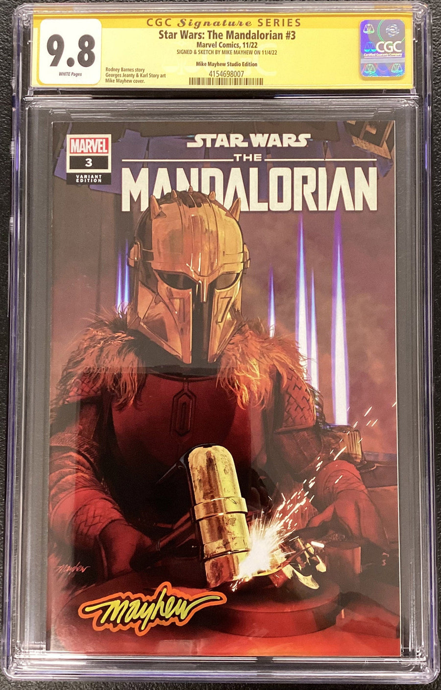 STAR WARS: THE MANDALORIAN #3 Mike Mayhew Studio Variant Cover Trade Dress Saber Glow CGC 9.8 Signature Series Slab