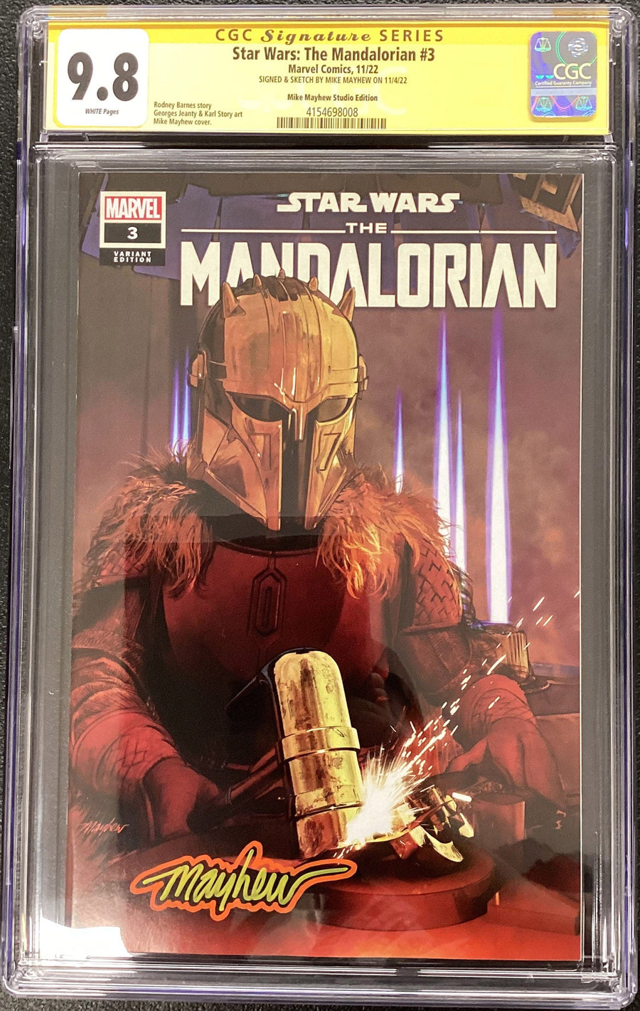 STAR WARS: THE MANDALORIAN #3 Mike Mayhew Studio Variant Cover Trade Dress Saber Glow CGC 9.8 Signature Series Slab