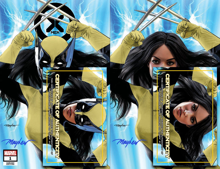 X-MEN #1 MIKE MAYHEW STUDIO VARIANT Set of COVER A Trade Dress and COVER B "UNMASKED" Signed with COA