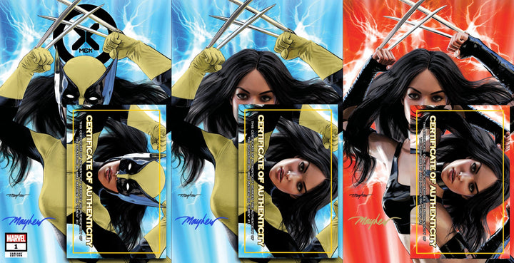 X-MEN #1 MIKE MAYHEW STUDIO VARIANT Set of COVER A Trade Dress, COVER B "UNMASKED", and COVER C "X-FORCE" Signed with COA